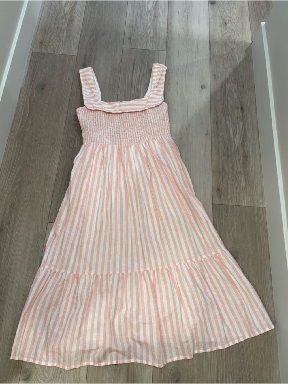 Pink and White Striped Midi Sundress with Smocked Bodice